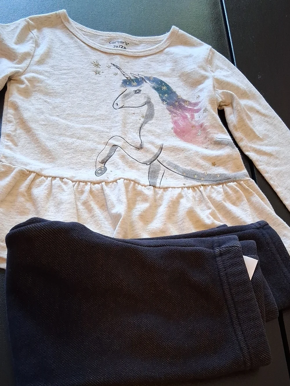 Carter's Cream Unicorn Peplum Top with Navy Leggings